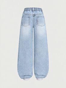 SHEIN Elladie kids Denimly 青少年女孩寬鬆淺藍色牛仔褲，寬腿彈性腰頭愛心刺繡長褲，水藍色，秋季，可愛，校園，返校季 - 淺色水洗藍 - 查看 2