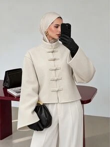 Veilorie جاكيت نسائي بلون موحد كاجوال متعدد الاستخدامات للاستخدام اليومي بأكمام طويلة - لون مشمشي - مشاهدة 3