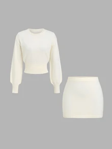 Autumina Women's Solid Color Crew Neck Long Sleeve Sweater And Knitted Skirt Casual Set - White - View 1