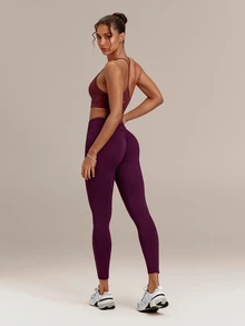 GLOWMODE 24" Ultrafine Soft Seamless V-Waist Contoured Scrunch Bum Contrast Seams Non-See-Through Leggings Running Workout Gym - Bold Plum - View 6