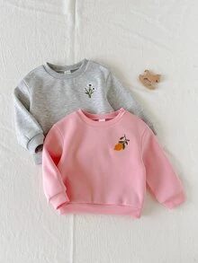 Loomiva 2件裝女嬰刺繡花卉與檸檬圖案軟針織圓領長袖套頭衛衣，適合秋冬 - 淺粉色 - 查看 9