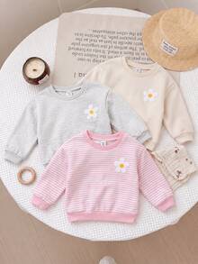 SHEIN 3件組可愛花卉拼接純色長袖秋冬女嬰衛衣 - 淺粉色 - 查看 10