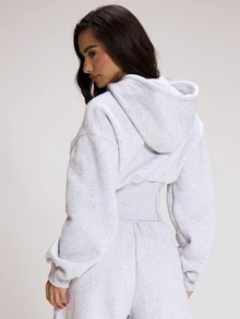 MUSERA ESSENTIALS Cinched Waist Zip Through Hooded Cropped Sweatshirt Cute Autumn Winter Fall Daily Christmas Essentials - Grey - View 4