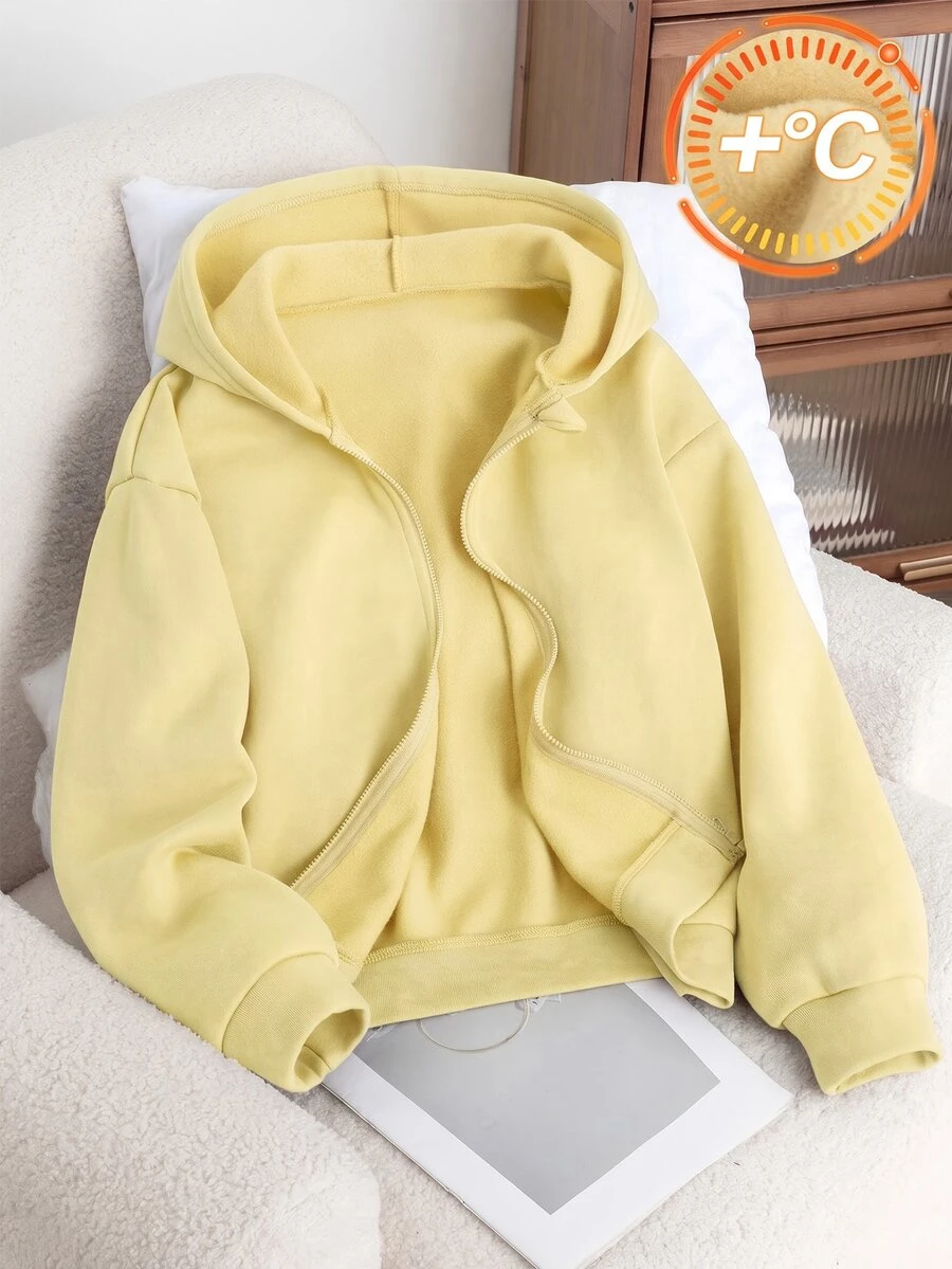 SHEIN 秋冬女款連帽拉鍊外套-街頭風混搭運動衫,長袖抓絨秋季保暖針織面料,適合秋冬穿著 - 黃色 - 查看 1