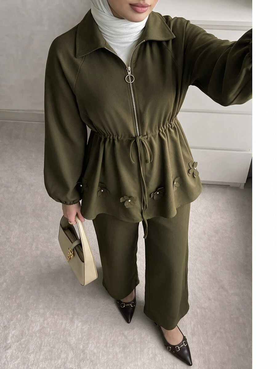 Solavon New French Style Slimming A-Line Waist-Cinching Handmade 3D Floral Elegant Daily Versatile Long Pants 2 Pieces Set - Army Green - View 1