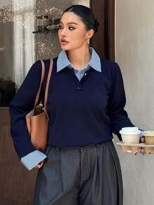 Dazy Plus Patchwork Contrast Color 2 In 1 Long Sleeve Collared Casual Vacation Korean Style Autumn/Winter Sweater - Navy Blue - View 4