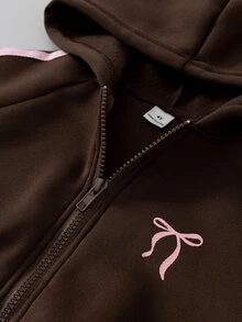SHEIN 女童 2 件套 秋季/毛茸茸抓絨彈性針織休閒連帽拉鍊運動外套與寬鬆寬腿長褲套裝 7 歲生日 棕色 - 棕色 - 查看 5