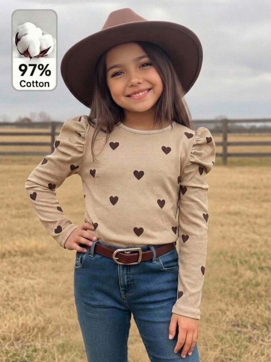 Tween Girl Long Sleeve Kids Top, Girls Heart Print Puff Sleeve Fitted Top, Spring/Autumn Style, Comfortable And Versatile, School, Beige Cute - Khaki - View 1