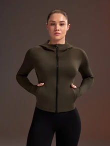 Powerista Women's Standard Size Black & Gray Hooded Space Cotton Slim Fit Sports Jacket - Army Green - View 7