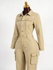 SHEIN Women's Long Sleeve Single-Breasted Cargo Pocket Denim Jumpsuit - Brown - View 2