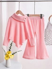 SHEIN 女童春夏秋冬休閒T恤套裝，不對稱套頭鈕扣領，羅紋針織刷毛布料，淺粉色長袖上衣＋喇叭褲，適合日常休閒可愛時尚優雅穿搭 - 粉色 - 查看 5