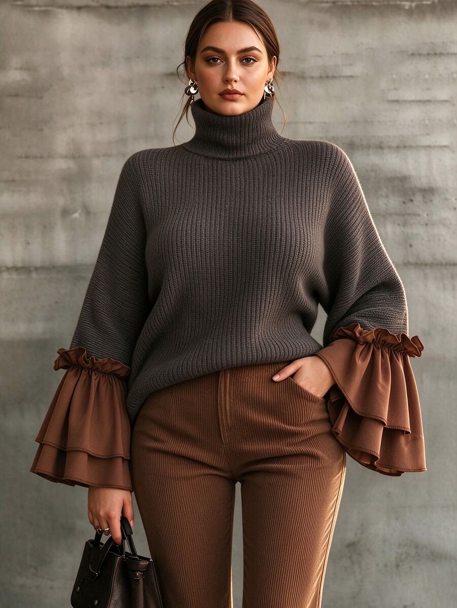 Linhara CURVE Vintage Style High Neck Patchwork Double Layer Ruffle Sleeve Knit Plus Size Pullover Sweater - Grey - View 1