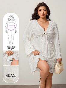 Enliva Plus-Size Women's Jacquard Shirt, Flared Long-Sleeved White Dress Apple Rounded Body - White - View 1