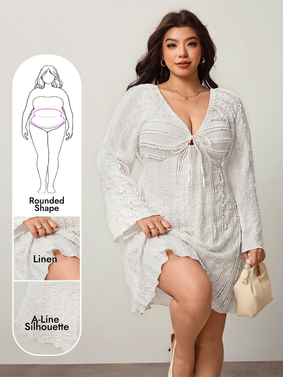Enliva Plus-Size Women's Jacquard Shirt, Flared Long-Sleeved White Dress Apple Rounded Body - White - View 1