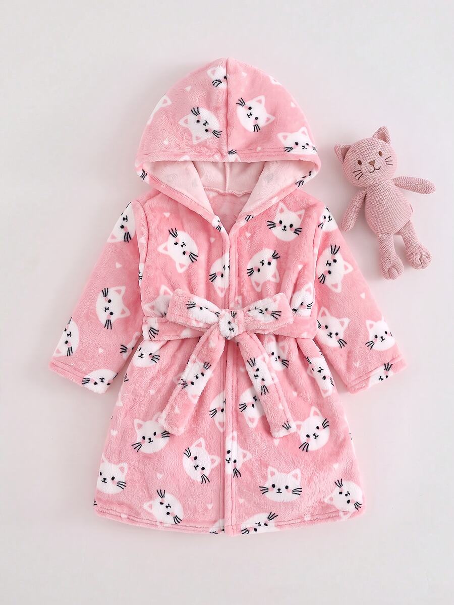 SHEIN Baby Girl Casual Comfortable Everyday Versatile Cute Cat Pattern Fluffy Pink Loungewear - Pink - View 1