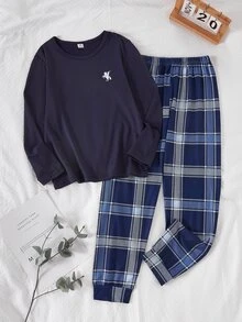 SHEIN 男童 2 件組長袖 Polo 衫與格紋長褲套裝，柔軟舒適面料，送給男孩的完美禮物 - 藏蓝色 - 查看 3