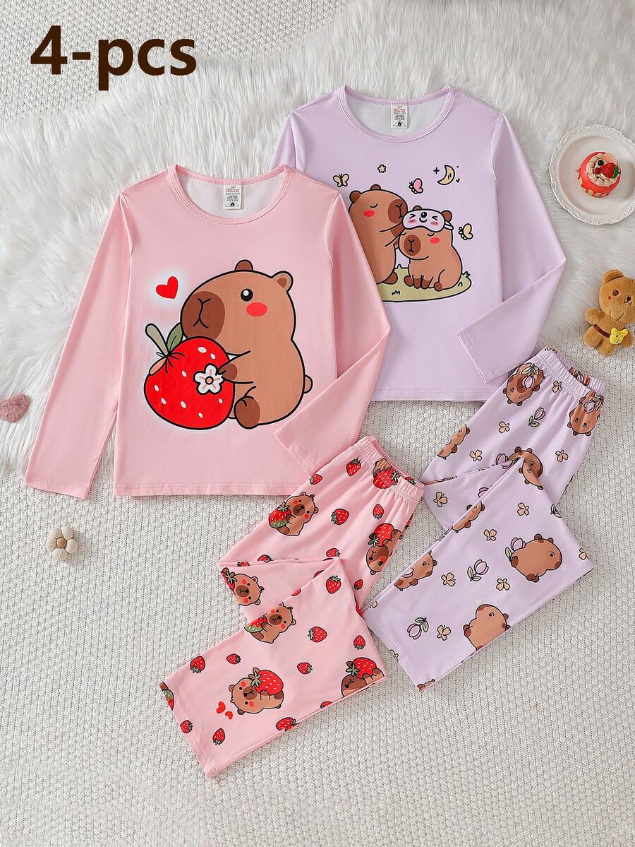 SHEIN Tween Girls Cute Grey Koala Print Crew Neck Long Sleeve Fall Autumn/Winter Top Allover Pants Animal Lazy Loungewear 2 Pieces Set Night Family Matching - Multicolor - View 1