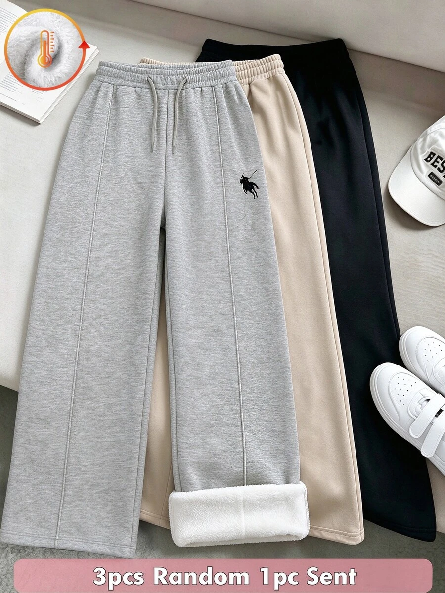 SHEIN Tween Girls Autumn Winter Heather Grey Wide Leg Sweatpants Cozy Fleece Lined Sporty Streetwear Drawstring Pants - Grey - View 1