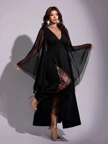 Viva Relle Plus Size Women's Autumn/Winter Black V-Neck Evening Gown, Mesh Flutter Sleeves, Side Lace Slit, Formal Party Dress - Black - View 4