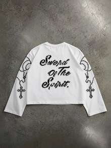 Swayrox Men's Letter & Angel Graphic Casual Daily Long Sleeve T-Shirt - White - View 2