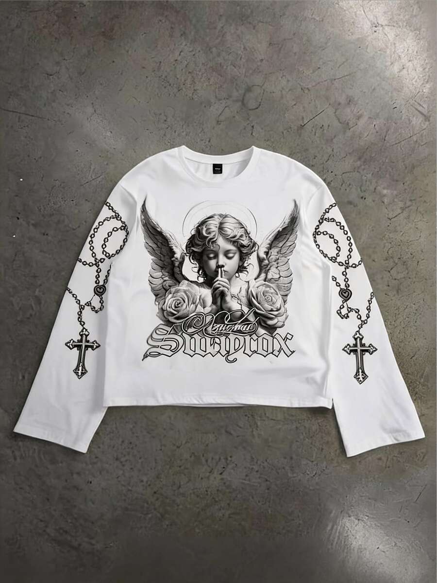 Swayrox Men's Letter & Angel Graphic Casual Daily Long Sleeve T-Shirt ...