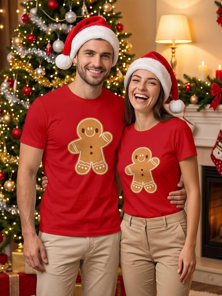 Manfinity Homme Christmas Cute Gingerbread Man Fashion Casual Print Pattern Men's Red Standard Size Slim Fit Short Sleeve T-Shirt - Red - View 1