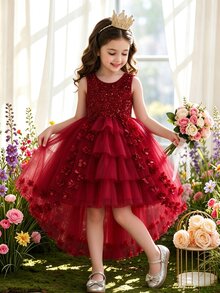 Glamorique Kids 女童金色亮片大蝴蝶結裝飾高低擺網紗花童禮服裙，優雅公主風婚禮生日派對喇叭裙 - 紅色 - 查看 6