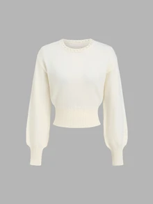 Autumina Women's Solid Color Crew Neck Long Sleeve Sweater And Knitted Skirt Casual Set - White - View 4