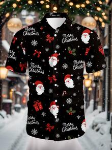 Manfinity Homme Men's Black Santa Claus Short Sleeve Single-Breasted Casual Shirt - Black - View 2