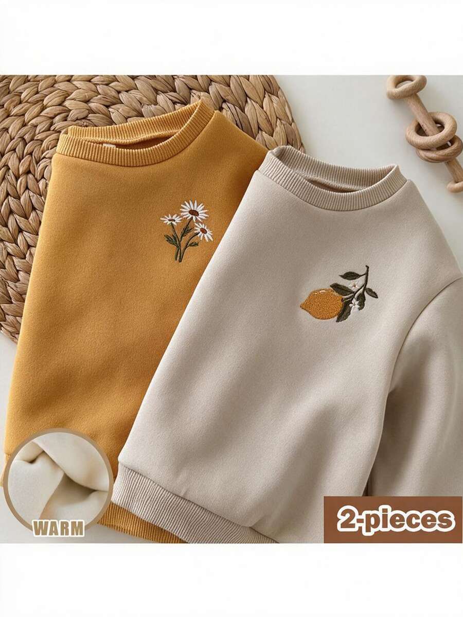 Loomiva 2件裝女嬰刺繡花卉與檸檬圖案軟針織圓領長袖套頭運動衫,適合秋冬 - 黃色 - 查看 1