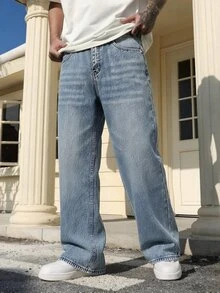 QuarKem Men's Light Blue Horizontal Cat Whisker Wide Leg Jeans, Street Style Mid-Waist Full Length Pants - Blue - View 5