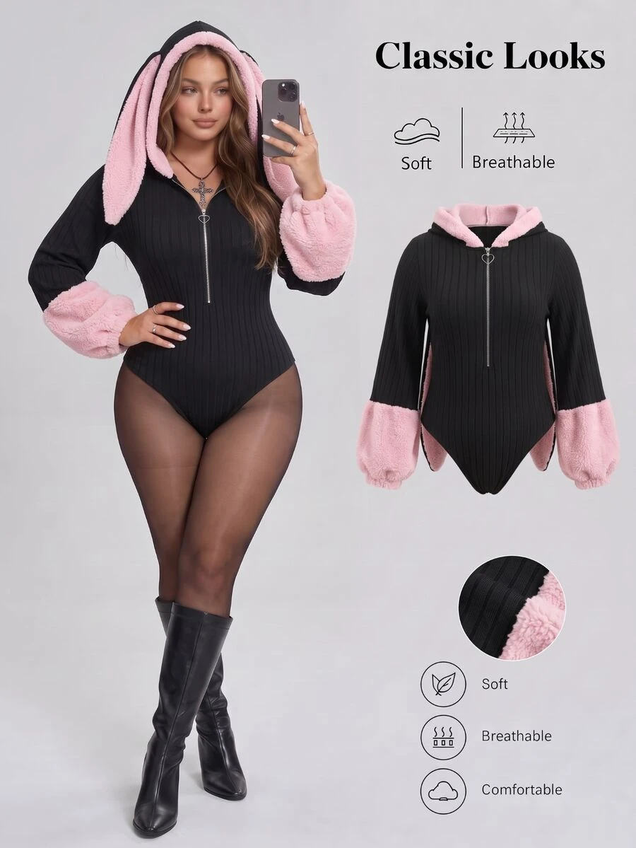 Sweetra بدلة نسائية سوداء ووردية بتصميم كتل لونية من الصوف المحبوك الناعم مع رقعات مطاطية وغطاء رأس بأذني أرنب، بأسلوب Y2K حلو وبارد، ملابس علوية بأسلوب أنمي، لطيفة، تصميم أذني أرنب، مناسبة للربيع/الخريف/الشتاء - متعدد الألوان - مشاهدة 1