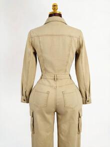 SHEIN Women's Long Sleeve Single-Breasted Cargo Pocket Denim Jumpsuit - Brown - View 3