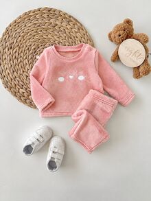 SHEIN 2件組新生女嬰抓絨套裝，可愛雙面天鵝絨衛衣與長褲，秋冬保暖，適合節日派對與日常穿著 - 淺粉色 - 查看 5