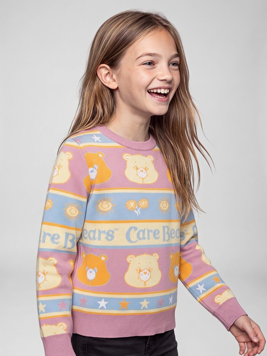 Maija Kids SHEIN X Care Bears Maija Kids 青少年女孩字母卡通印花休閒日常長袖針織衫 - 橘色 - 查看 1