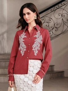 Anewsta Women's Spring/Autumn New Elegant Minimalist Versatile Pearl Lace Trim Striped Applique Long-Sleeve Blouse - Red - View 6