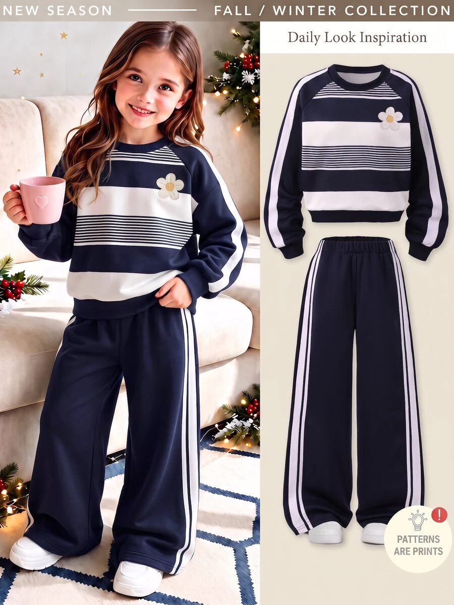 SHEIN Casuvi Kids 2Pcs/Set Tween Girls Casual Long Sleeve Sweatshirt & Side Ribbon Bow Ribbed Knit Pants Set Autumn Winter - Multicolor - View 1