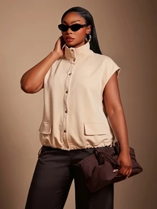 SHEIN SXY Plus Size Women's Single-Breasted Casual Khaki Loose High Neck Jacket - Apricot - View 5