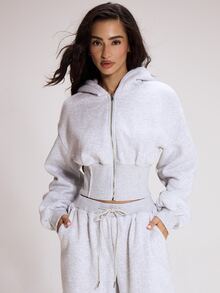 MUSERA ESSENTIALS Cinched Waist Zip Through Hooded Cropped Sweatshirt Cute Autumn Winter Fall Daily Christmas Essentials - Grey - View 1