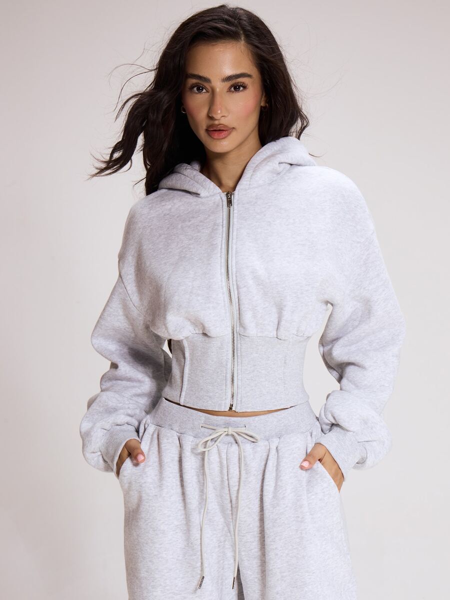 MUSERA ESSENTIALS Cinched Waist Zip Through Hooded Cropped Sweatshirt Cute Autumn Winter Fall Daily Christmas Essentials - Grey - View 1