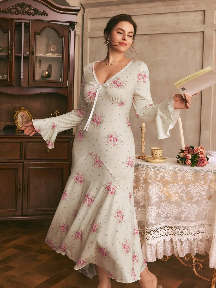 Côtesoire Romantic Elegant Vintage Floral Print Ruffle V-Neck Knit Plus Size Nightgown - Apricot - View 1