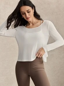 Activina تي شيرت رياضي نسائي بلون موحد وتصميم فيونكة وأكمام طويلة - أبيض - مشاهدة 6