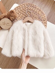 SHEIN جاكيت/معطف فتاة صغيرة خريف/شتاء لطيف متعدد الاستخدامات فروي بلون المشمش - بيج - مشاهدة 6