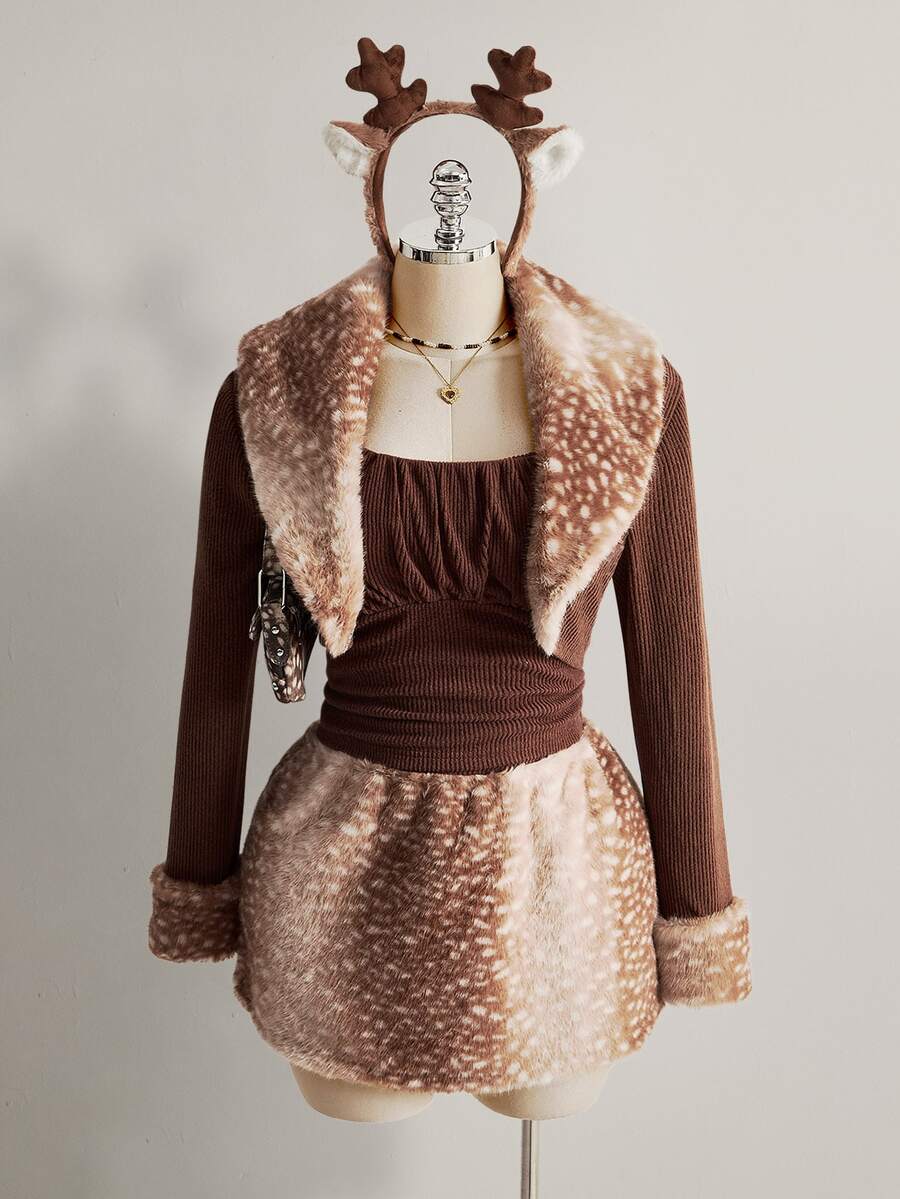 SHEIN ICON Plus Size Vintage Y2K Deer Pattern Brown Long Sleeve Fuzzy Patchwork Vest Christmas Winter - Brown - View 1