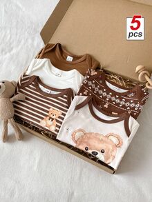 SHEIN Playful Pals بدلة أطفال أولاد لطيفة بطبعة دب كرتونية مخططة على كامل الجسم بألوان متباينة وأكمام طويلة وياقة مغلفة، طقم متعدد القطع للخروجات والعطلات في فصل الخريف - بني - مشاهدة 6