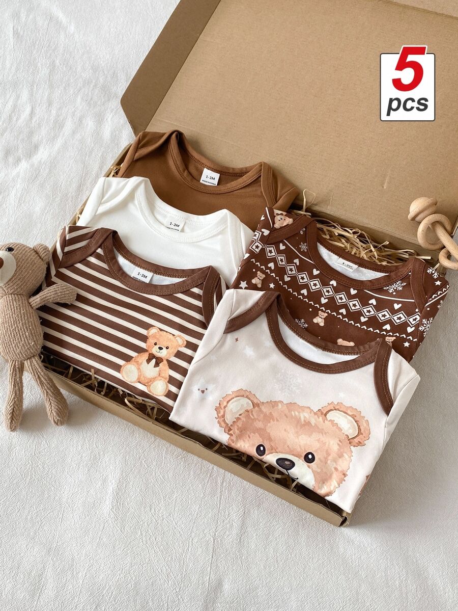 SHEIN Playful Pals Baby Boy Cute Cartoon Striped Bear All-Over Print Contrast Color Ribbed Long Sleeve Envelope Collar Basic Romper Bodysuit Multi-Piece Set For Holiday Outings Autumn - Brown - View 1