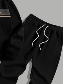 Manfinity Homme Minimalist Contrast Color Striped Patchwork Small Logo Silhouette Pattern Fashion Casual Print Men's Full-Print Hoodie Sweatshirt Set - Black - View 5