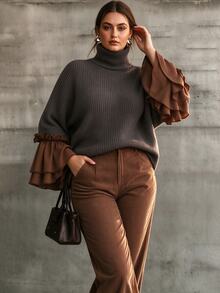 Linhara CURVE Vintage Style High Neck Patchwork Double Layer Ruffle Sleeve Knit Plus Size Pullover Sweater - Grey - View 5