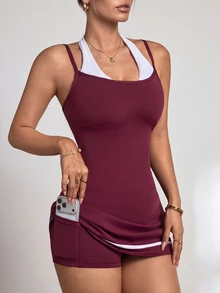 Slayform Slayform Women's 2-In-1 Patchwork Casual Daily Summer Sports Dress - Burgundy - View 5