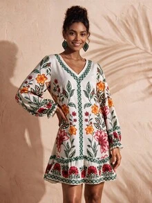 SHEIN Women's Floral Print V-Neck Long Sleeve Casual Vacation Dress - Multicolor - View 5